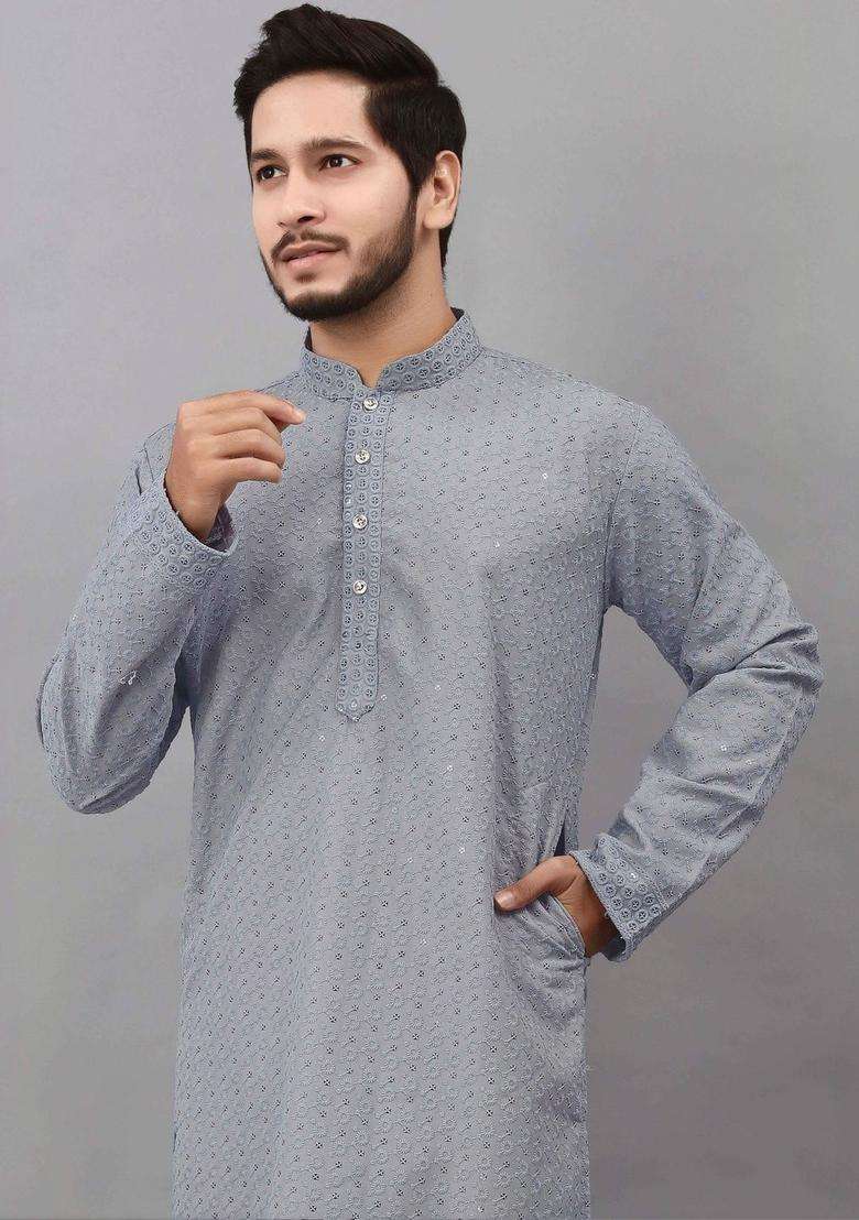Grey Embroidered Viscose Kurta Set For Men - Indya