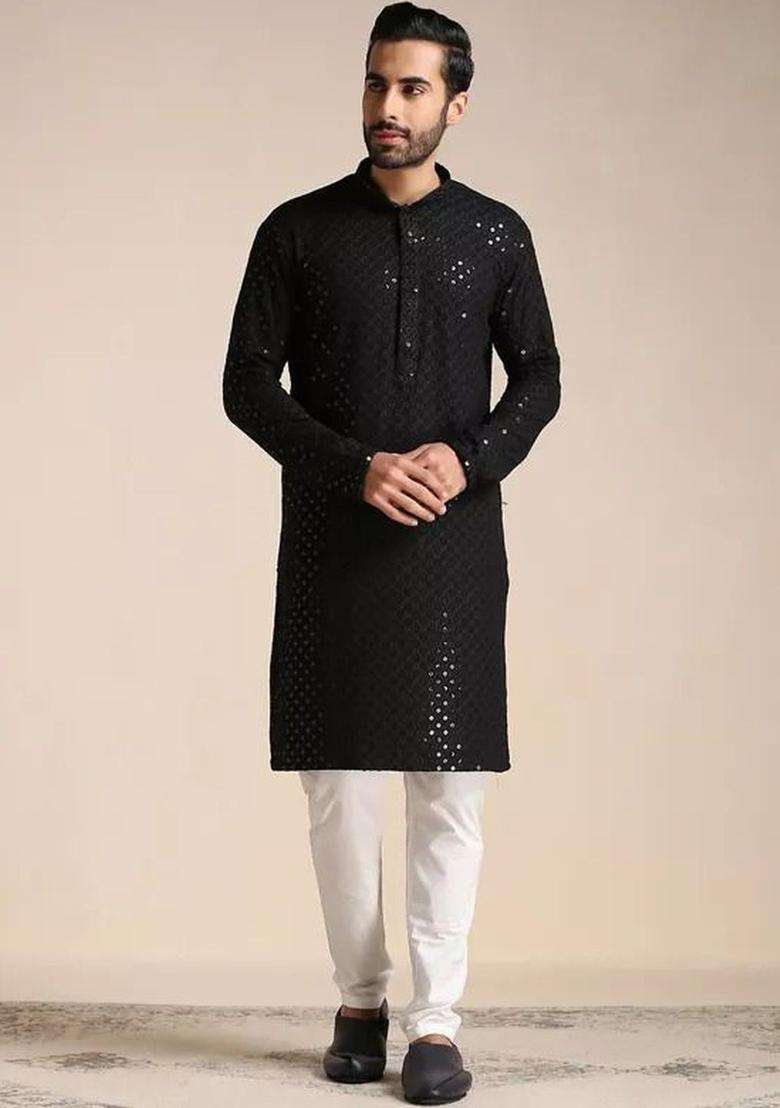 Black Self Design Viscose Kurta Set For Men - Indya