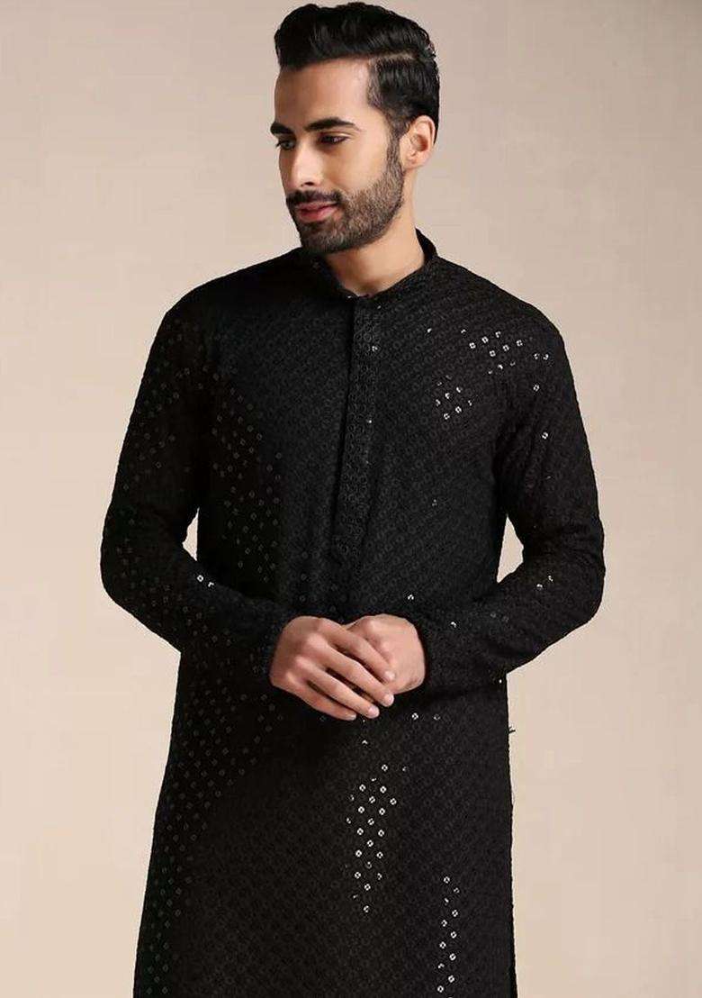 Black Self Design Viscose Kurta Set For Men - Indya