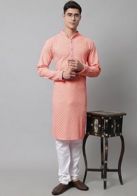 Peach Embroidered Viscose Kurta Set For Men