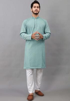 Sea Green Self Design Viscose Kurta Set For Men