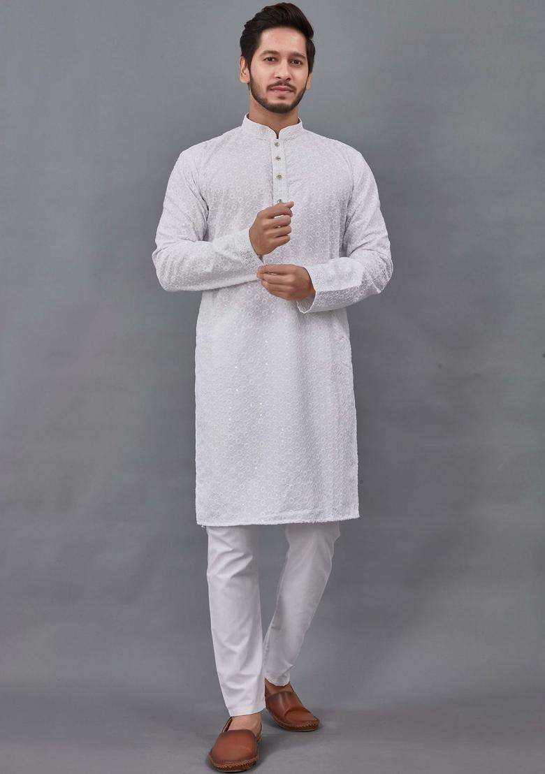 White Embroidered Viscose Kurta Set For Men - Indya