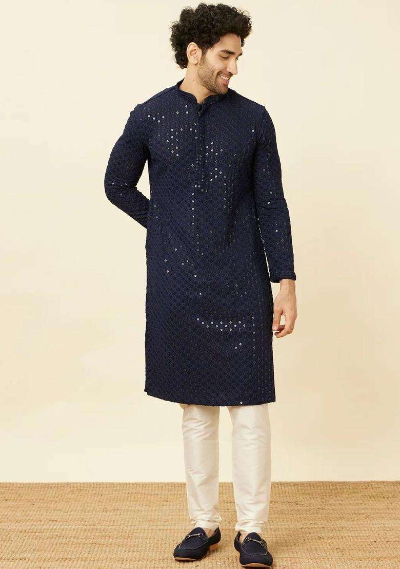 Navy Blue Woven Design Viscose Kurta Set For Men - Indya