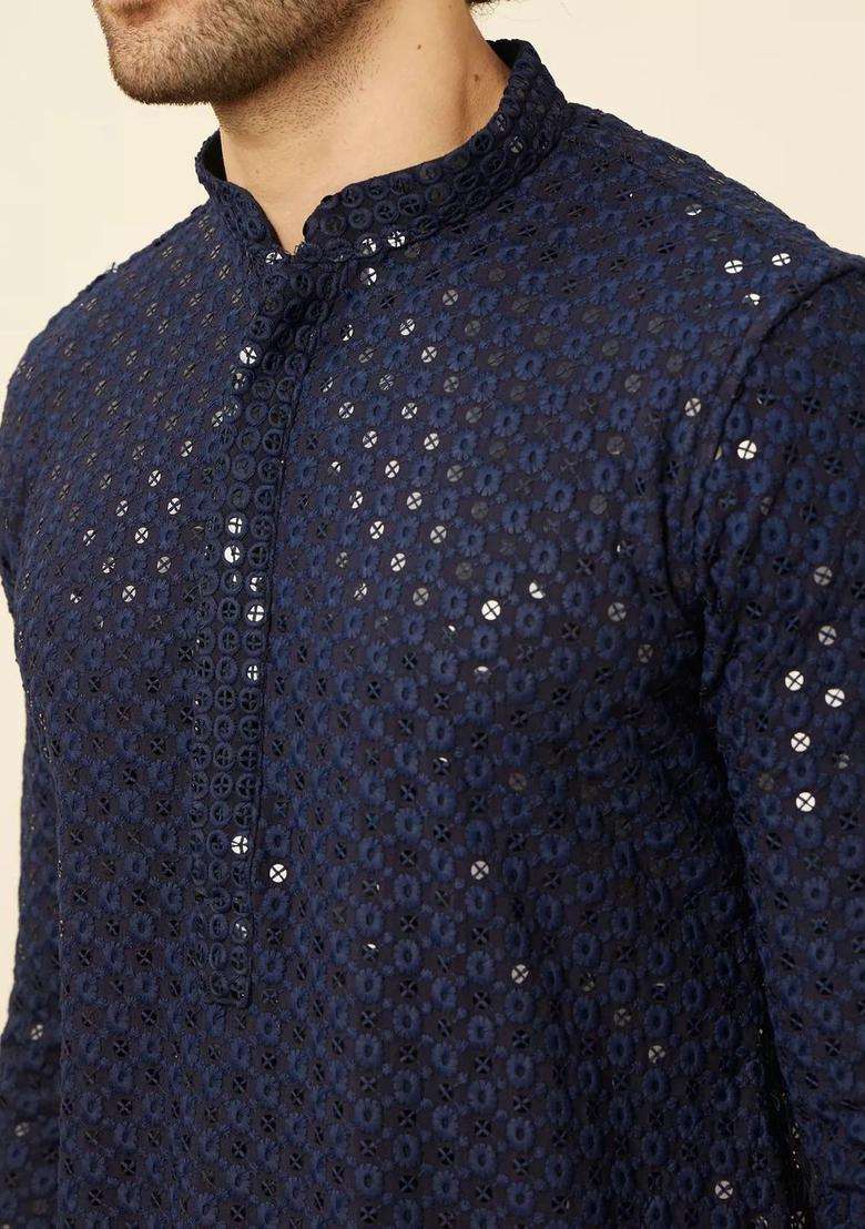 Navy Blue Woven Design Viscose Kurta Set For Men - Indya