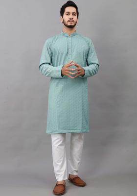 Sea Green Self Design Viscose Kurta Set For Men