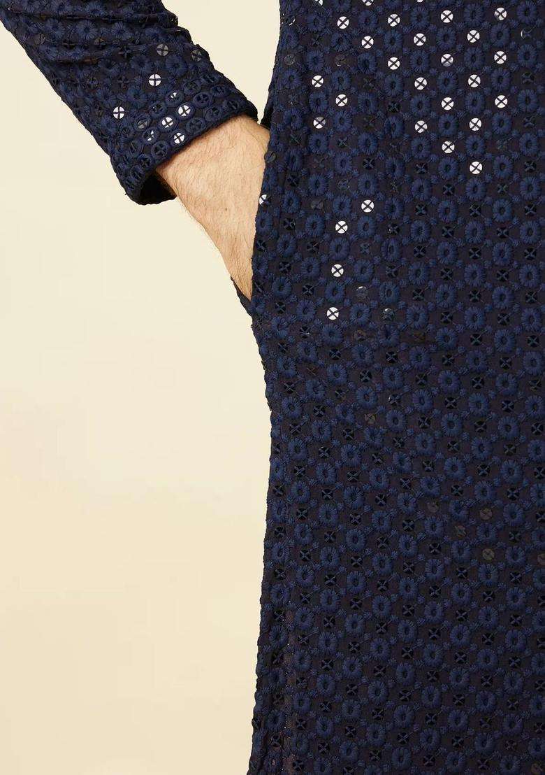 Navy Blue Woven Design Viscose Kurta Set For Men - Indya