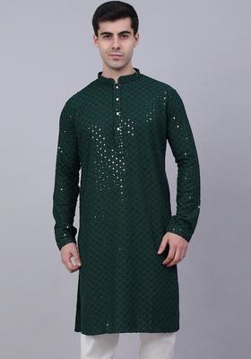 Green Self Design Viscose Kurta Set For Men