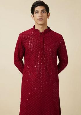 Maroon Embroidered Viscose Kurta Set For Men