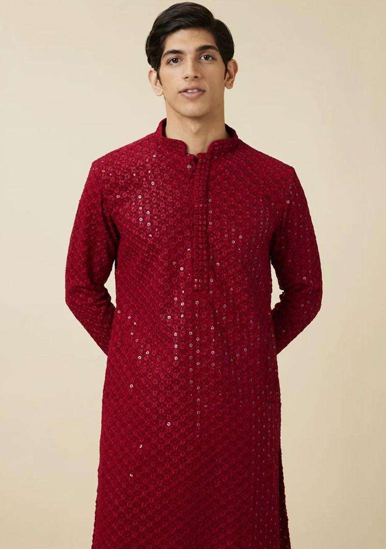 Maroon Embroidered Viscose Kurta Set For Men - Indya