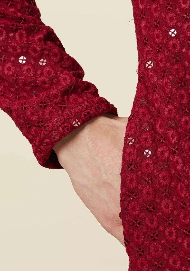Maroon Embroidered Viscose Kurta Set For Men - Indya
