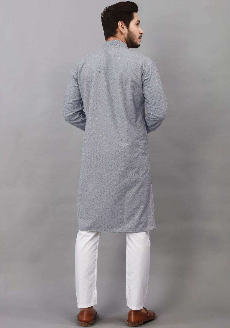 Grey Embroidered Viscose Kurta Set For Men - Indya