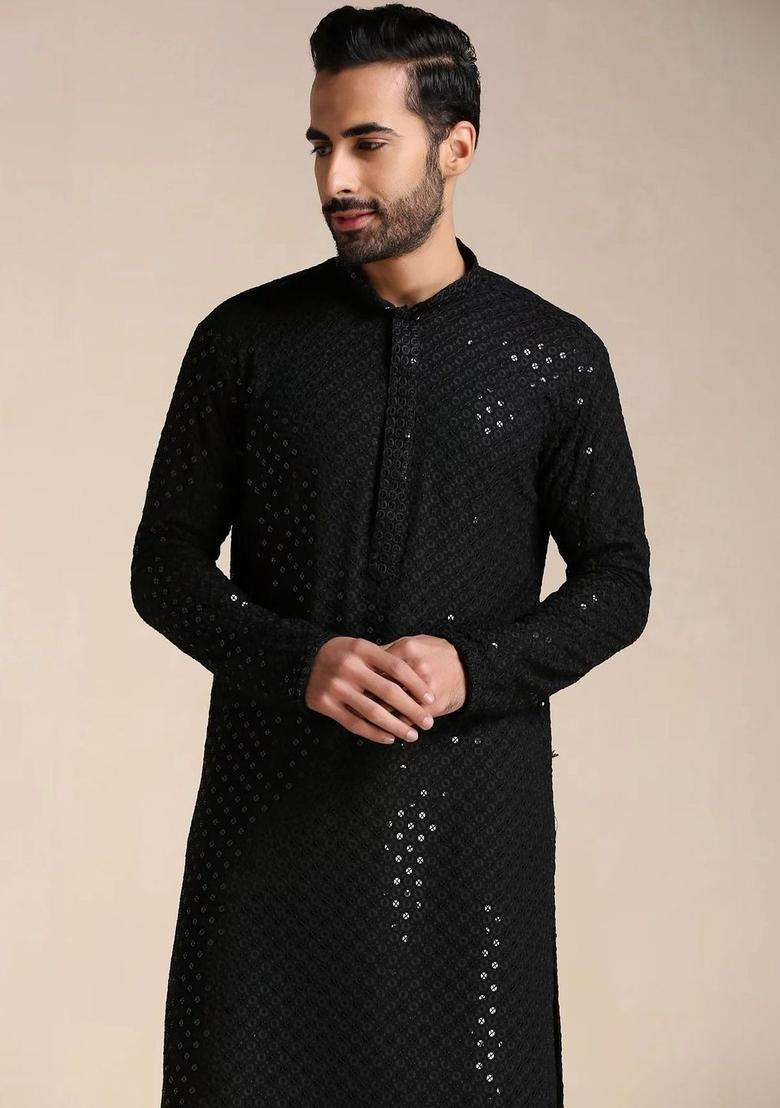 Black Self Design Viscose Kurta Set For Men - Indya