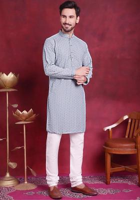 Light Blue Embroidered Viscose Kurta Set For Men