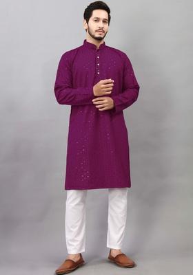 Purple Embroidered Viscose Kurta Set For Men