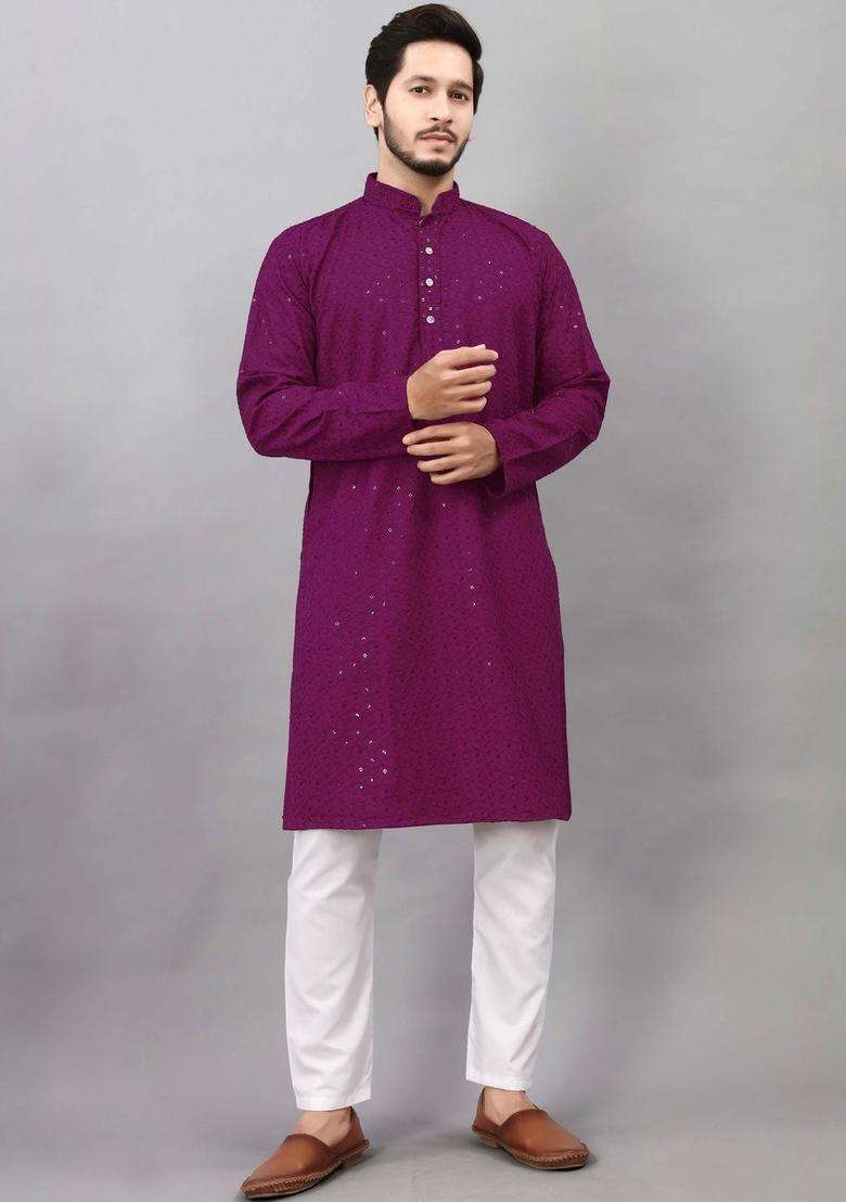 Purple Embroidered Viscose Kurta Set For Men - Indya