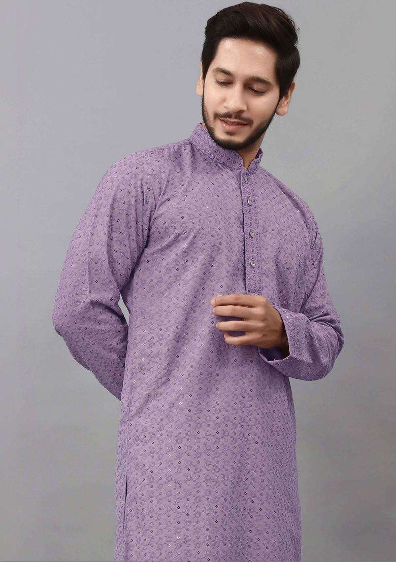 Purple Embroidered Viscose Kurta Set For Men - Indya