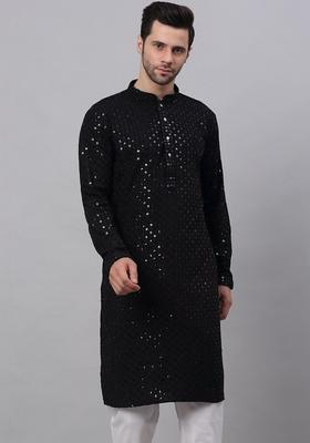 Black Embroidered Viscose Kurta Set For Men