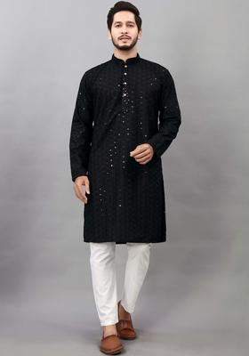 Black Self Design Viscose Kurta Set For Men