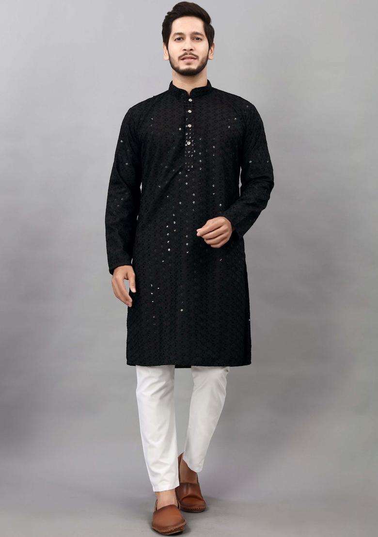 Black Self Design Viscose Kurta Set For Men - Indya