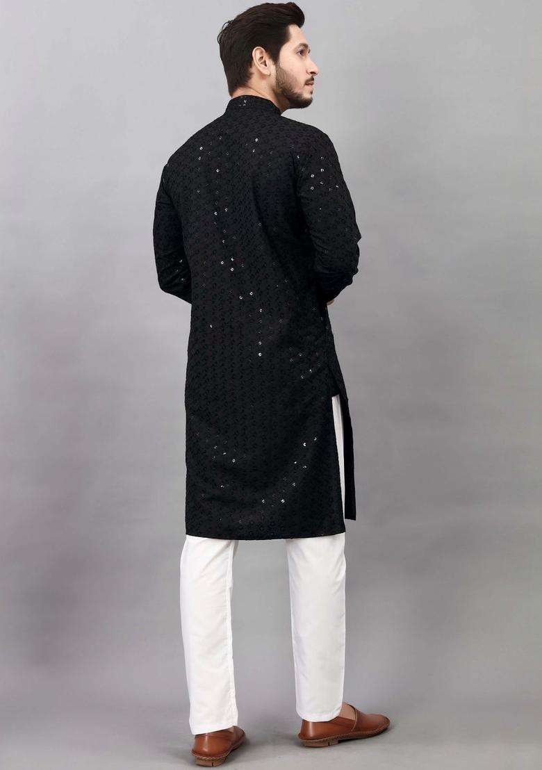 Black Self Design Viscose Kurta Set For Men - Indya