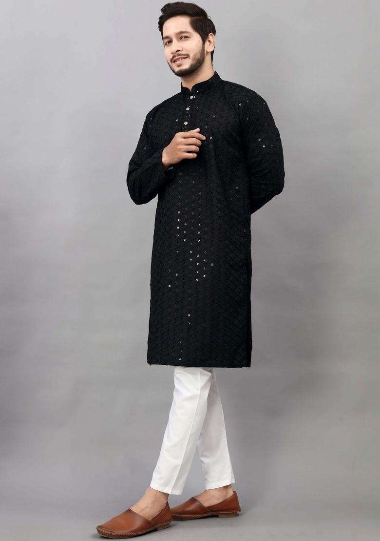 Black Self Design Viscose Kurta Set For Men - Indya