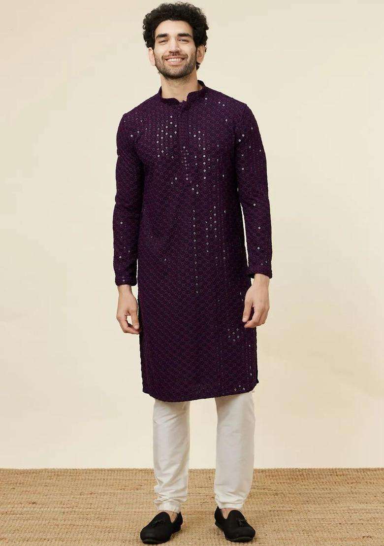 Purple Self Design Viscose Kurta Set For Men - Indya