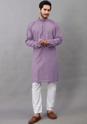 Purple Embroidered Viscose Kurta Set For Men