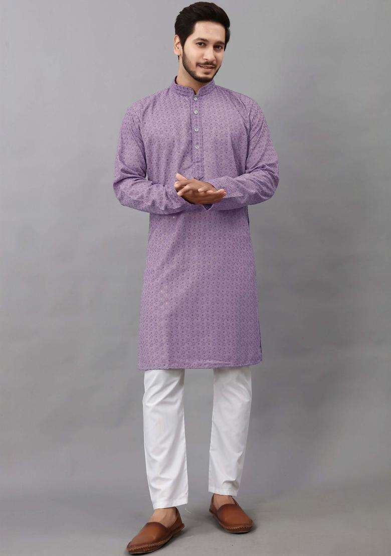 Purple Embroidered Viscose Kurta Set For Men - Indya