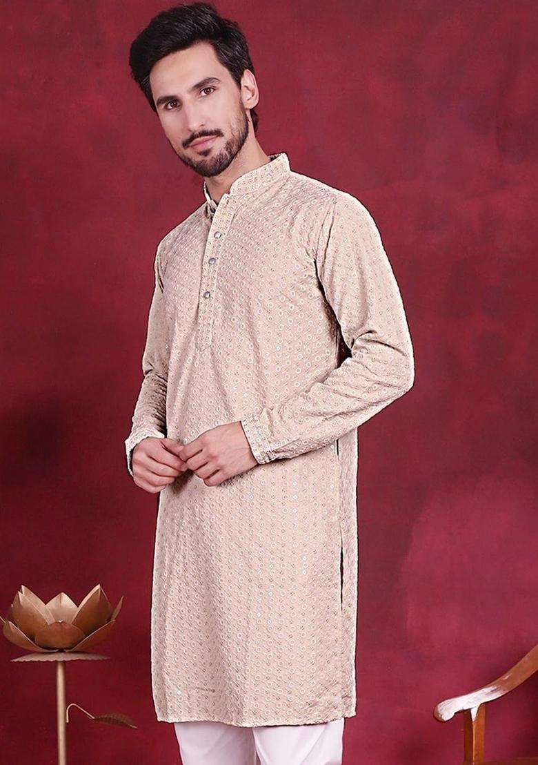 Beige Embroidered Viscose Kurta Set For Men - Indya