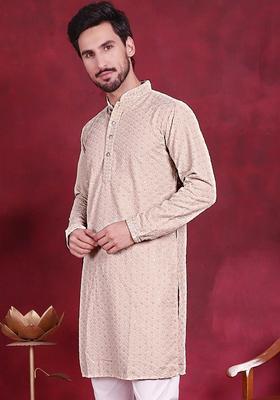 Beige Self Design Viscose Kurta Set For Men