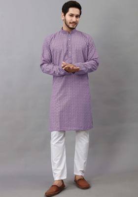 Lavender Self Design Viscose Kurta Set For Men