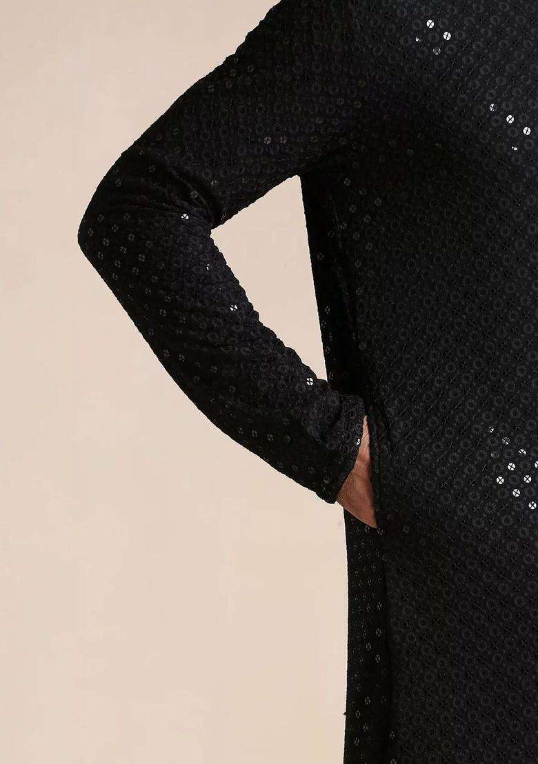 Black Self Design Viscose Kurta Set For Men - Indya