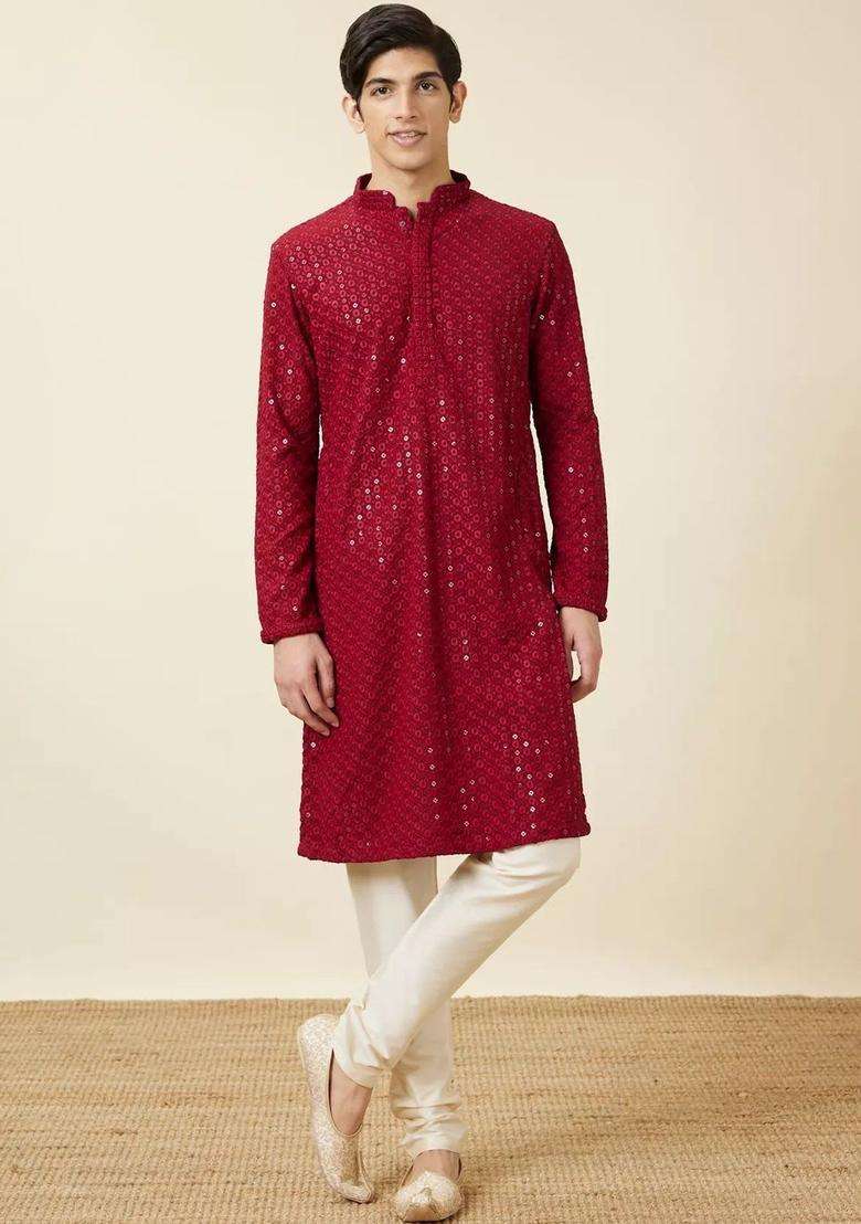 Red Embroidered Viscose Kurta Set For Men - Indya
