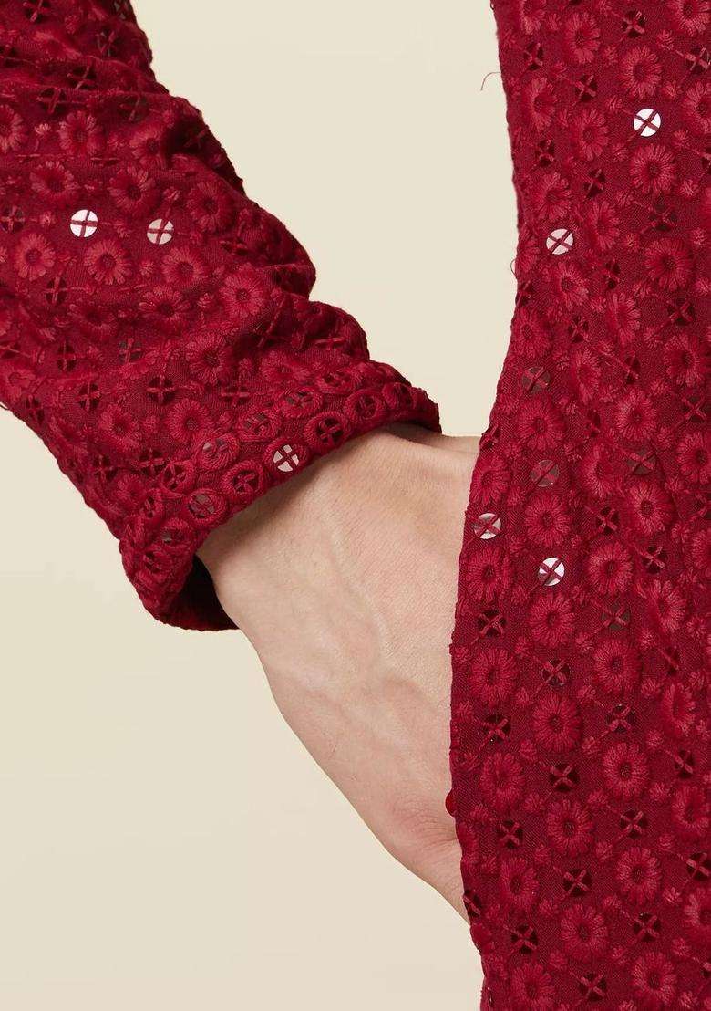 Red Embroidered Viscose Kurta Set For Men - Indya
