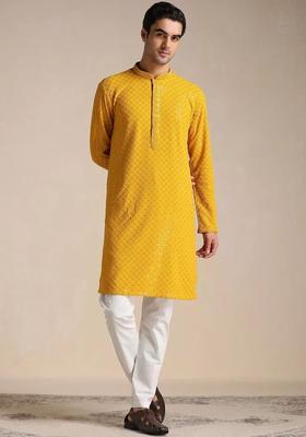 Yellow Printed Viscose Kurta Set For Men