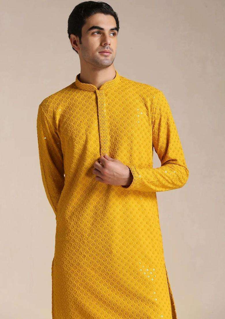 Yellow Printed Viscose Kurta Set For Men - Indya