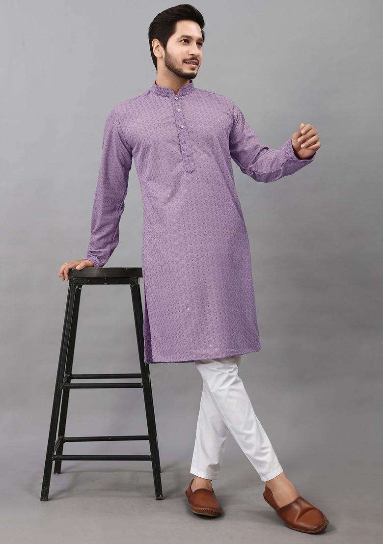 Purple Embroidered Viscose Kurta Set For Men - Indya