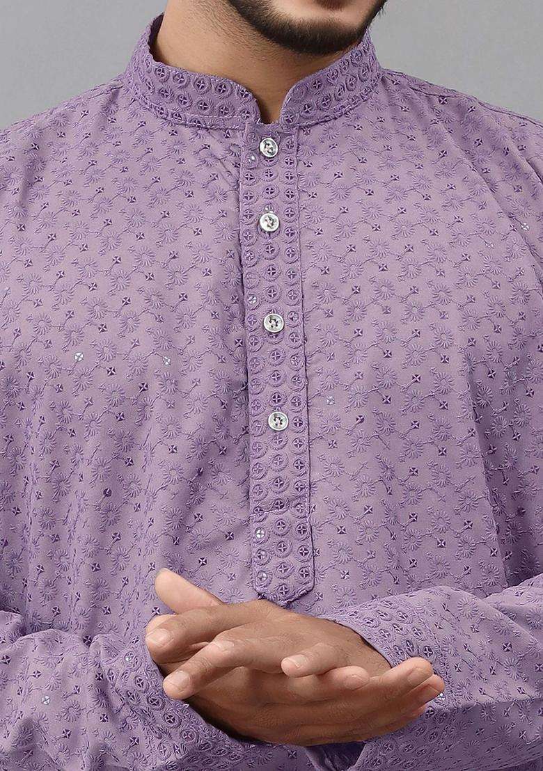 Purple Embroidered Viscose Kurta Set For Men - Indya