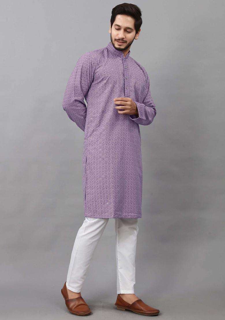 Purple Embroidered Viscose Kurta Set For Men - Indya
