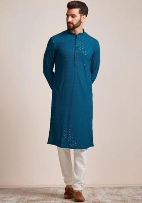 Blue Woven Design Viscose Kurta Set For Men