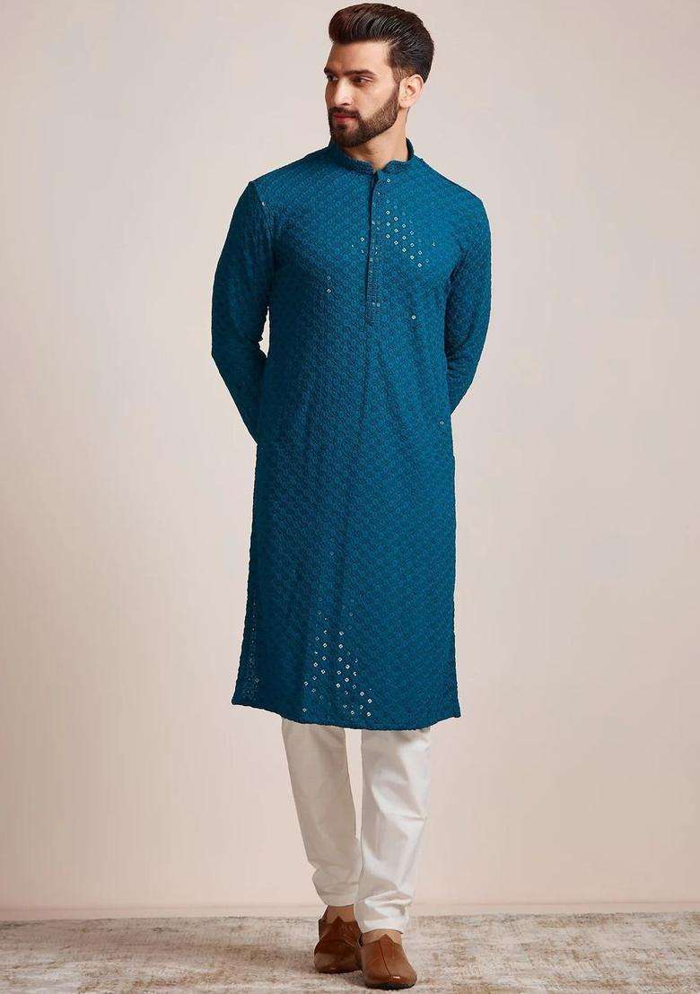 Blue Woven Design Viscose Kurta Set For Men - Indya