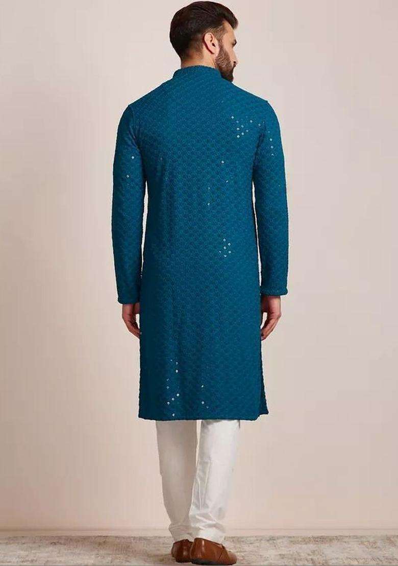 Blue Woven Design Viscose Kurta Set For Men - Indya