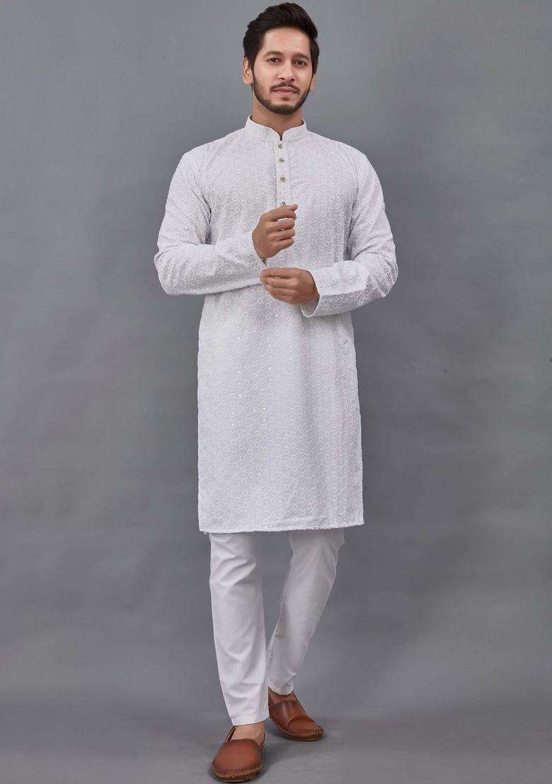 White Embroidered Viscose Kurta Set For Men - Indya