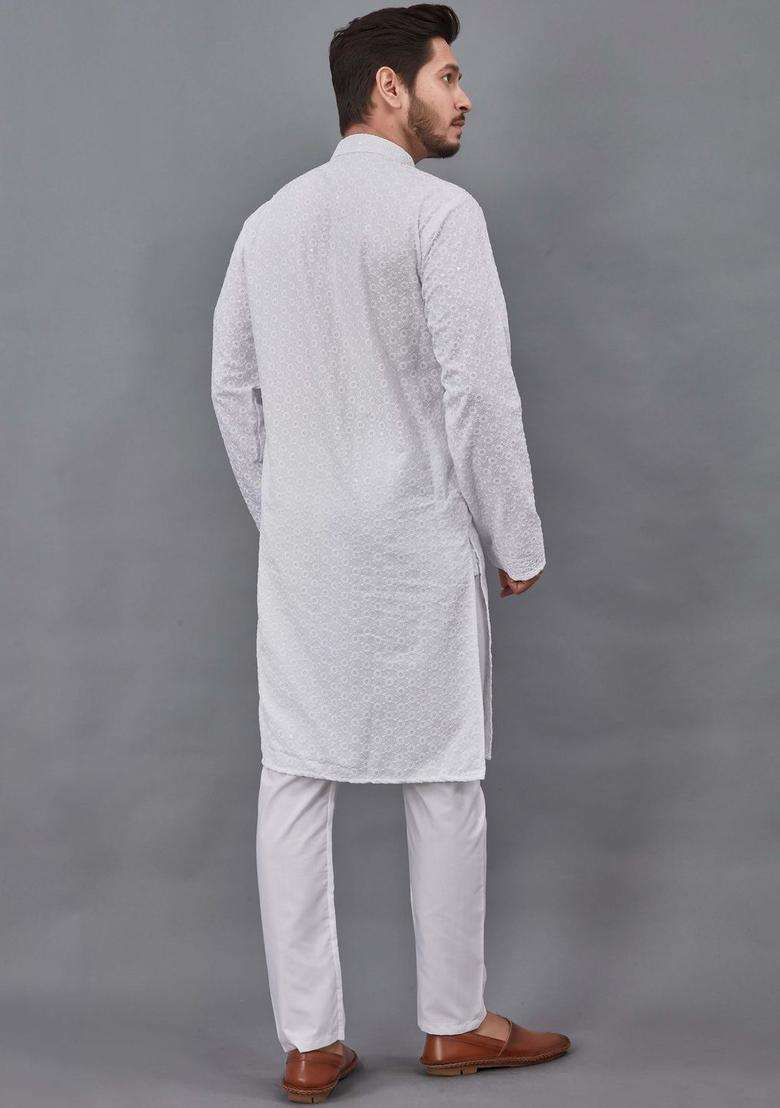 White Embroidered Viscose Kurta Set For Men - Indya