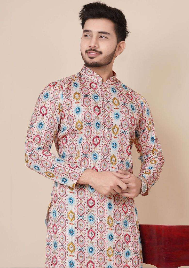 Multi Printed Viscose Kurta Set For Men - Indya