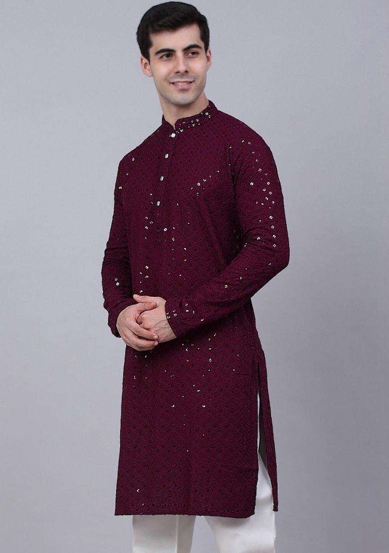 Maroon Embroidered Viscose Kurta Set For Men - Indya