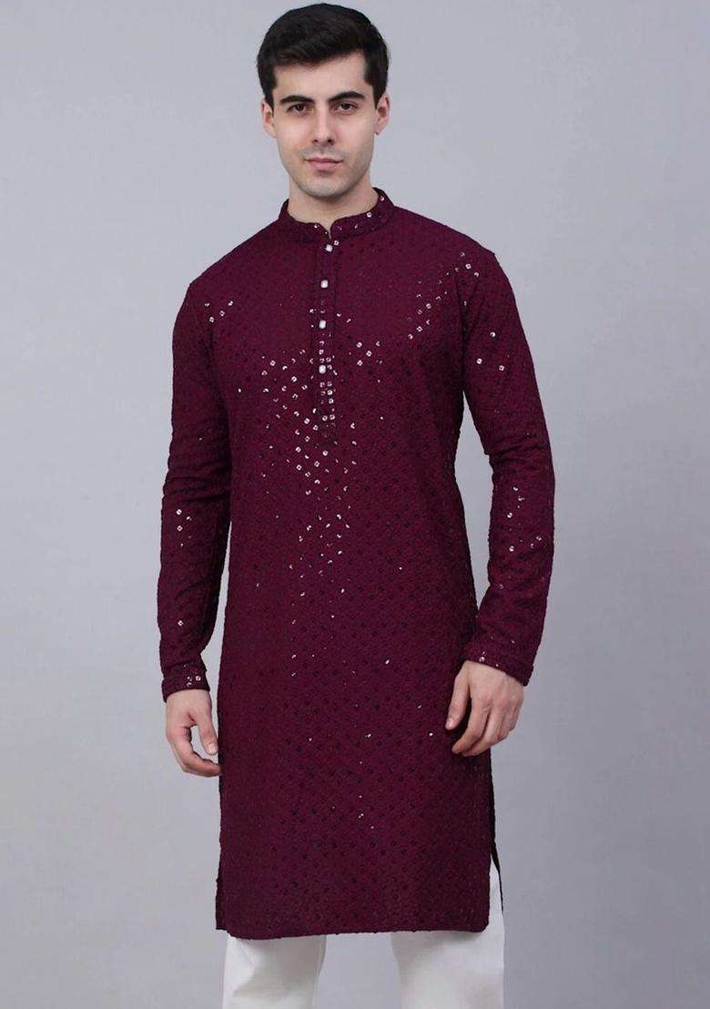 Maroon Embroidered Viscose Kurta Set For Men - Indya