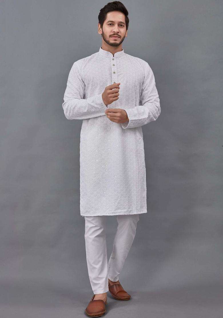 White Embroidered Viscose Kurta Set For Men - Indya