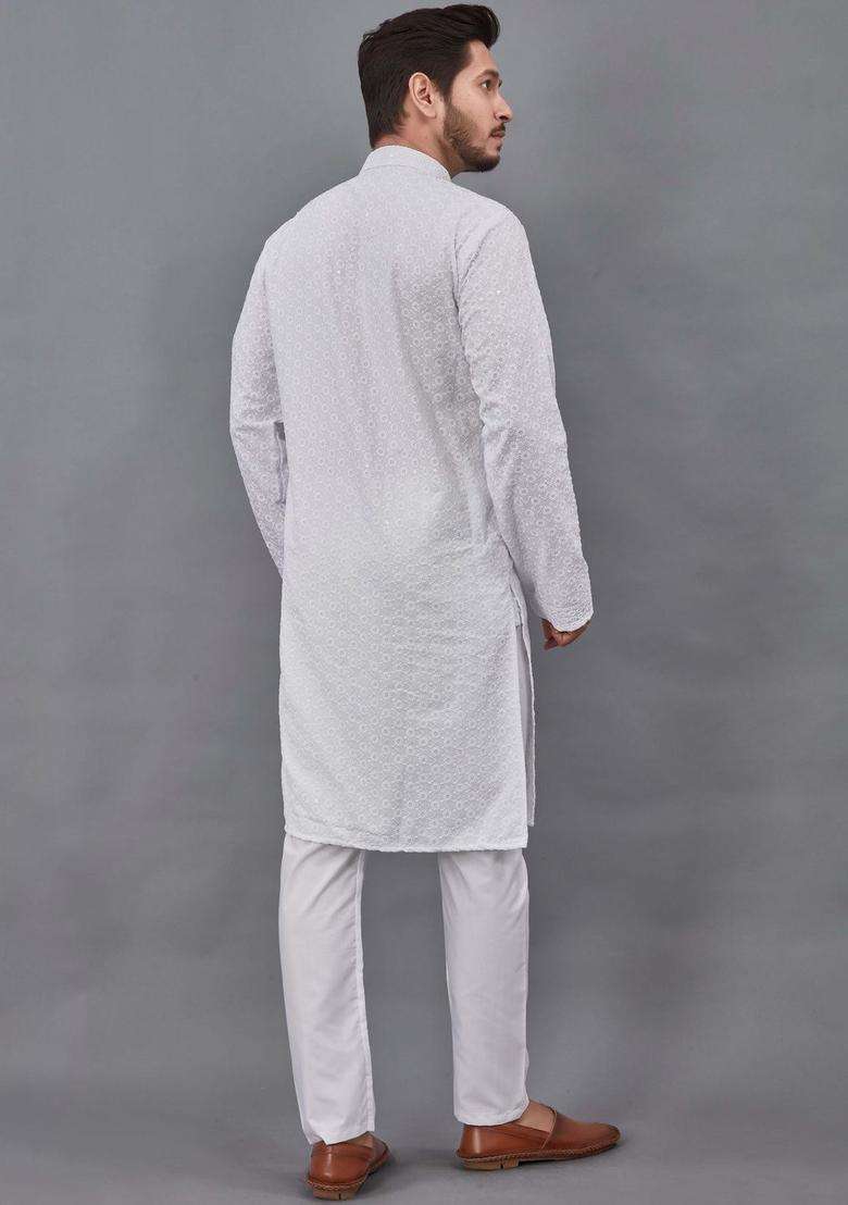 White Embroidered Viscose Kurta Set For Men - Indya