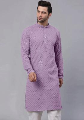Lavender Self Design Viscose Kurta Set For Men